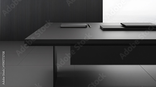 Modern Minimalist Black Office Desk Setup with Notebook and Laptop