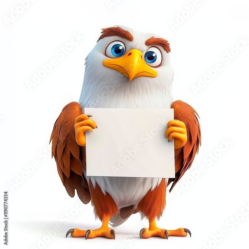 Quirky eagle with surprised expression holding a blank sign in a bright and cheerful setting