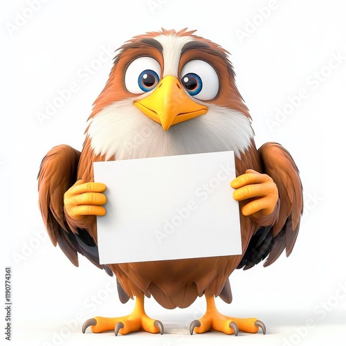 Quirky eagle with surprised expression holds blank sign in a bright, cheerful setting, inviting creativity and imagination