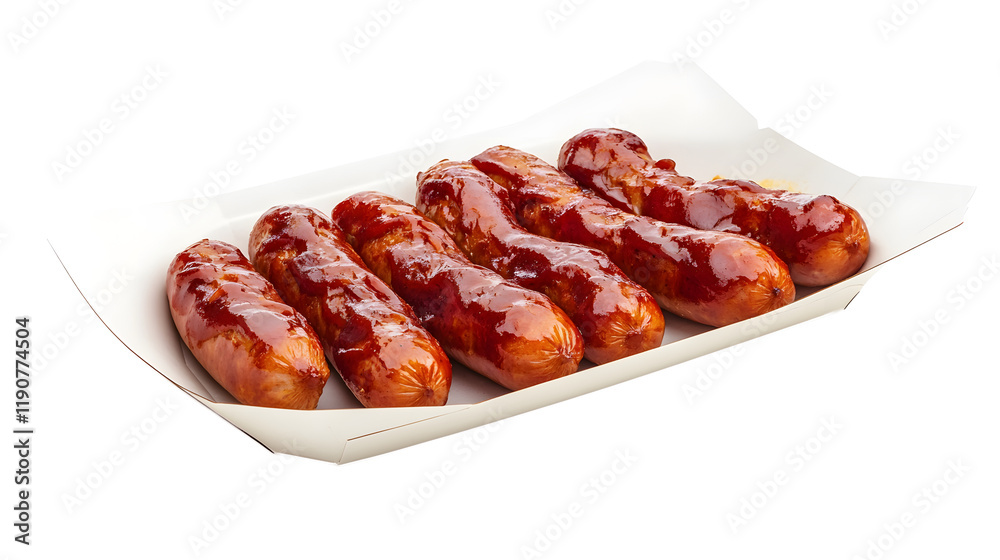 Currywurst on paper tray isolated on white background Currywurst on paper tray isolated on white background