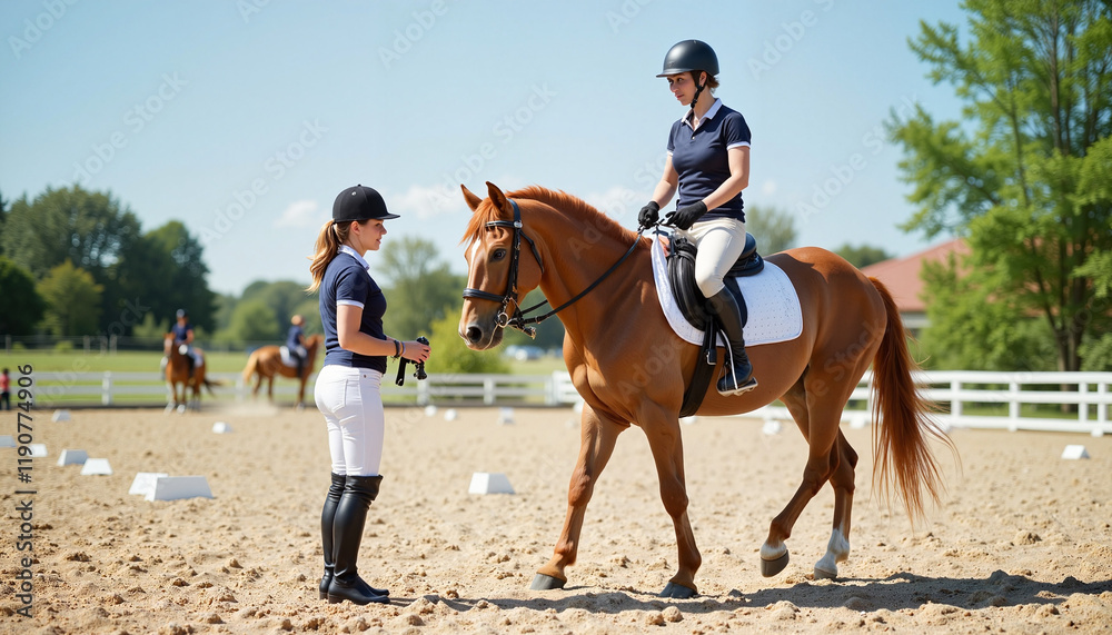 Equestrian coach training young rider in riding arena, teamwork focus