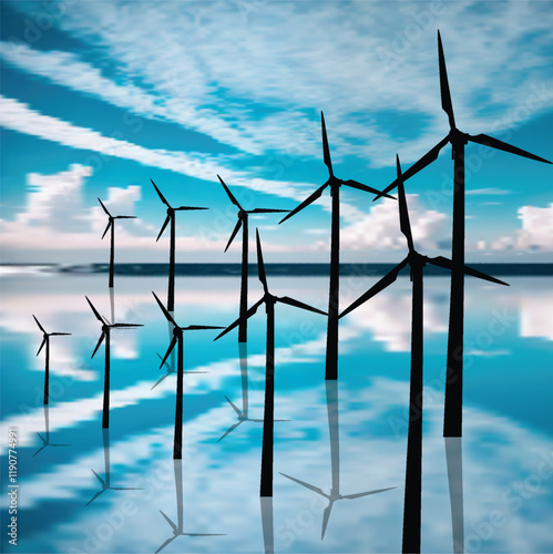 wind power generator silhouettes with reflections on blue sky background