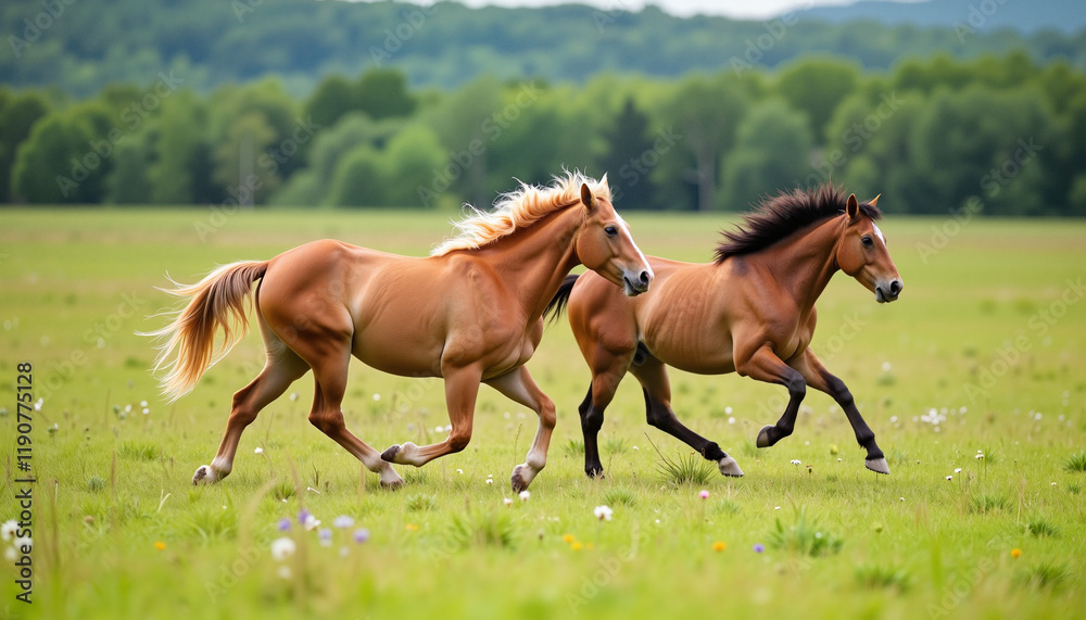 Fototapeta premium Wild stallions racing across lush prairie, freedom and vitality