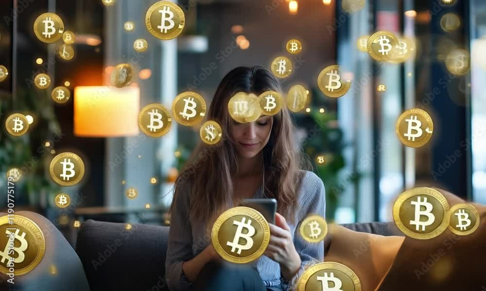 Smiling young woman using her smartphone with glowing bitcoin icons floating around in a stylish café.
