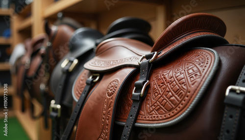 Detailed racing saddle in tack room with crafted equipment, horse racing