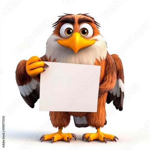 Quirky eagle displays a surprised expression while holding a blank sign with open wings in a playful manner