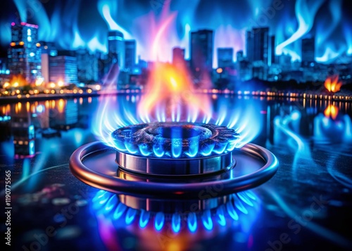 Double Exposure: Blue Gas Flames & Abstract Cityscape - Stock Photo photo