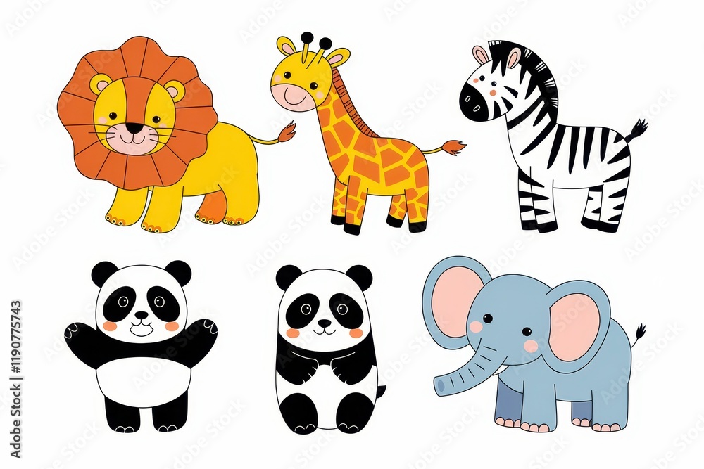 Obraz premium Adorable Cartoon Animals Lion Giraffe Zebra Pandas Elephant