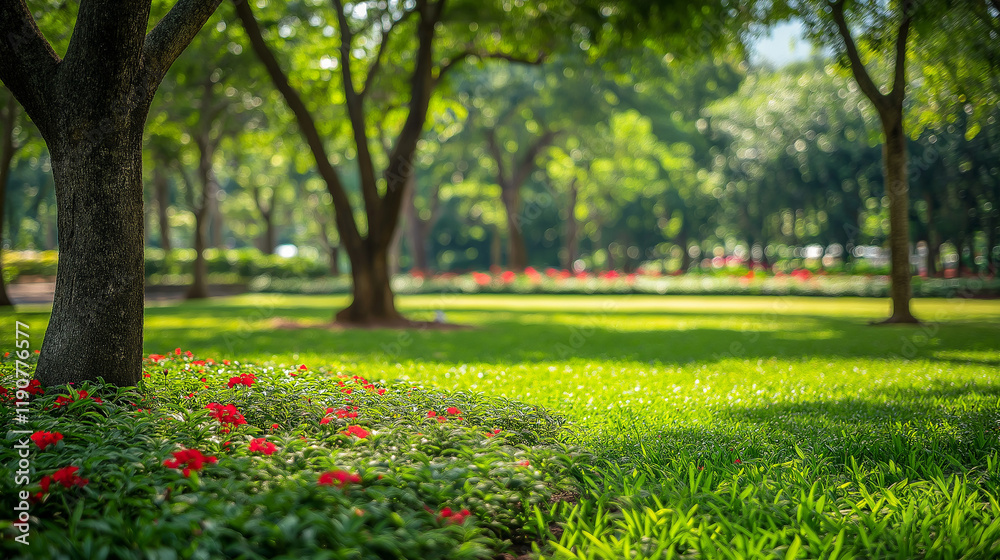 Fototapeta premium Blurred Nature Garden Background with Greenery and Defocused Trees