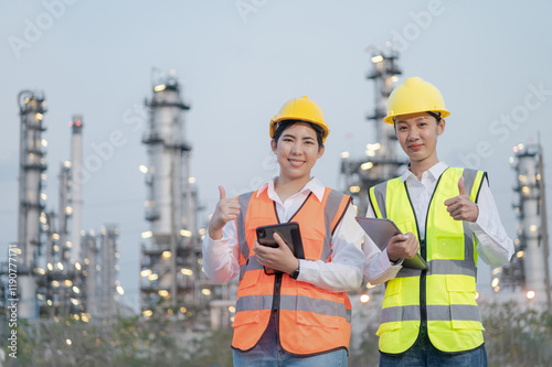 Asian male and female engineers standing and smiling Wearing safety gear, standing in front of the refinery with a radio-communication tablet device to monitor the refinery's operations.