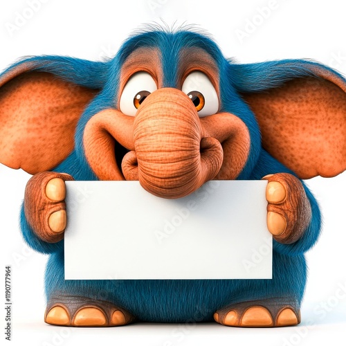 Quirky blue elephant with surprised expression joyfully holding a blank sign in a bright, cheerful setting
