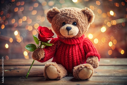 A teddy bear in a red sweater with hearts and holding a rose 