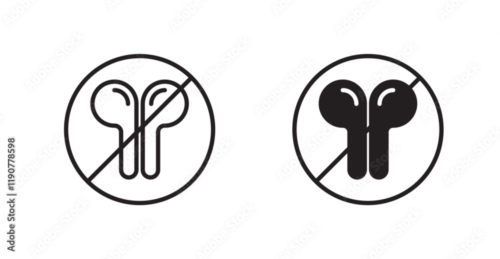 No earbuds allowed sign vectors set in black. line and flat versions No earbuds allowed sign vectors set in black. line and flat versions