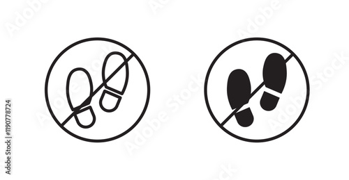 No foot print sign vectors set in black. line and flat versions