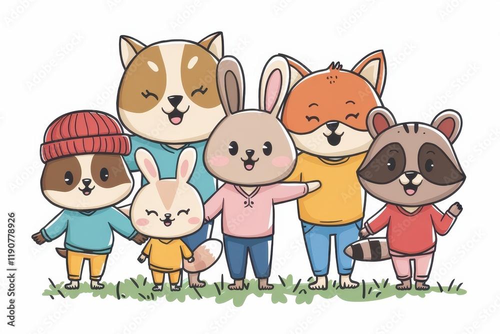 Naklejka premium Adorable Animal Friends Standing Together In Grass
