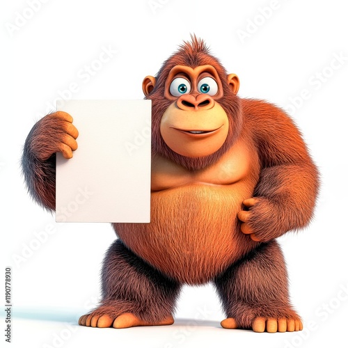 Quirky gorilla with surprised expression holds blank sign while inviting curiosity in a playful setting