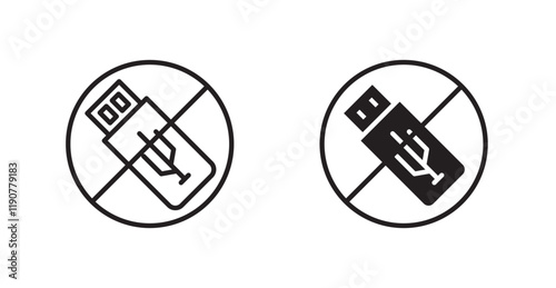 No USB flash drive sign vectors set in black. line and flat versions