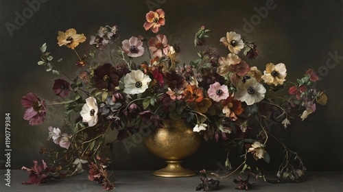 Dark Romantic Floral Still Life Painting in Gold Vase