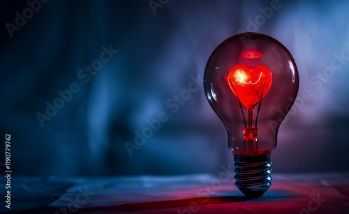Glowing Red Heart Inside Light Bulb on Dark Blue Background – Romantic Concept
