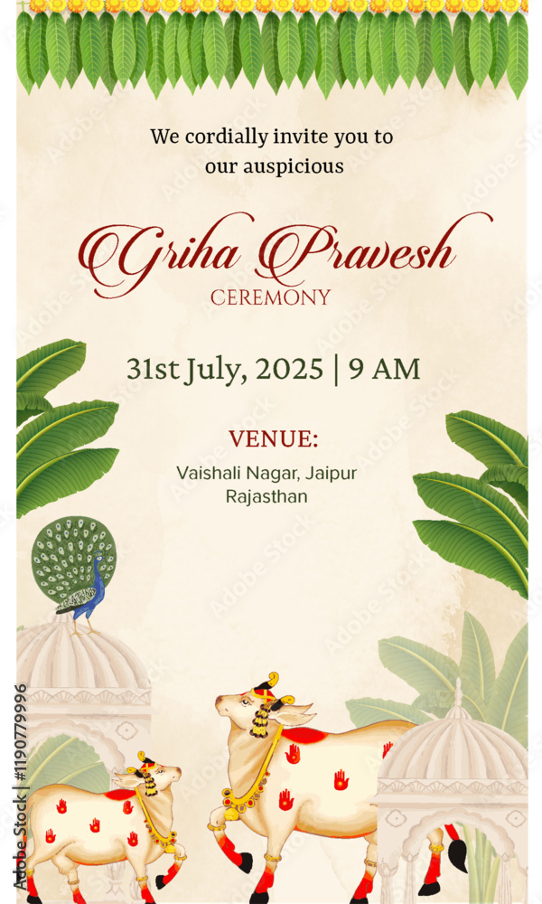 Fototapeta premium Beautiful traditional Indian Rajasthani house warming griha pravesh invitation template design with Indian Mughal temple, banyan tree, mango leaves marigold toran and Pichai cow, peacock