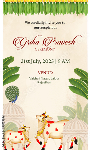 Beautiful traditional Indian Rajasthani house warming griha pravesh invitation template design with Indian Mughal temple, banyan tree, mango leaves marigold toran and Pichai cow, peacock
