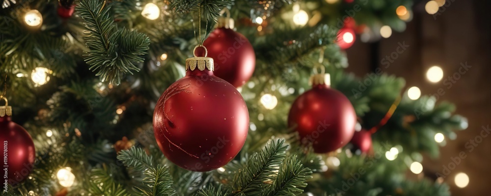 Fototapeta premium Close-up of ornaments and lights on a festive Christmas tree, detail, holiday, decorations