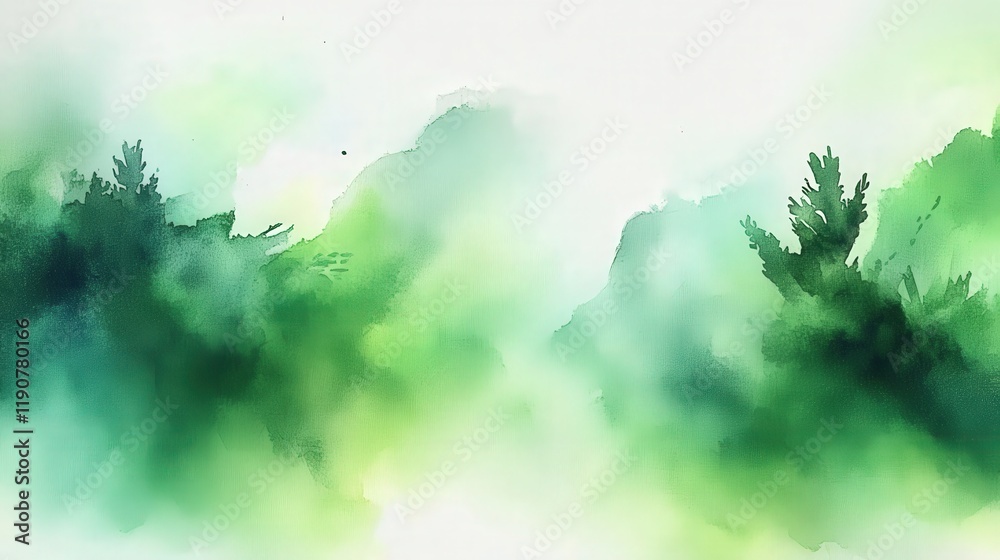 Fototapeta premium Serene Green Watercolor Abstract Landscape with Soft Brush Strokes and Dreamy Background for Artistic and Creative Projects