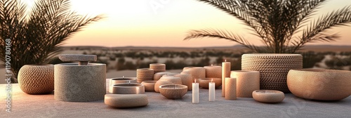 Serene Desert Oasis with Decorative Vessels at Sunset, Capturing Tranquility and Beauty