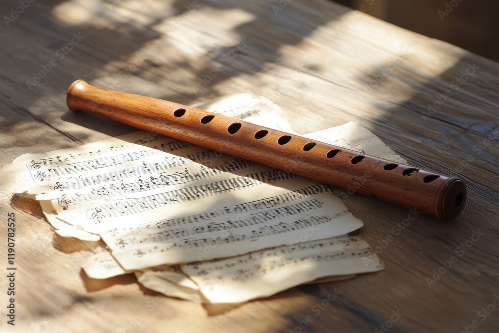 Fototapeta premium Wooden Flute with Music Sheets on Sunlit Table
