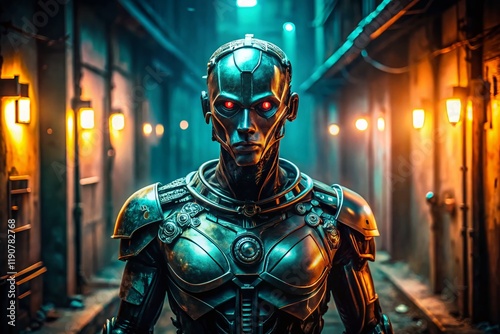 Sinister Android Lurking in Shadows: Dramatic Documentary Style Stock Photo
