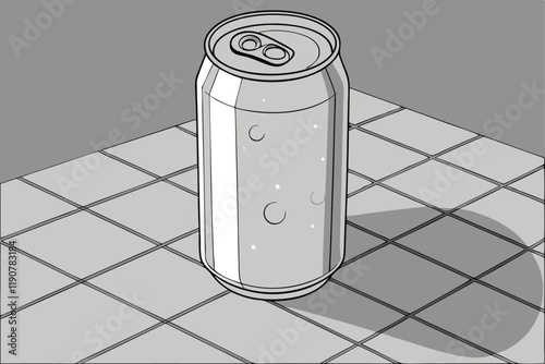 Aluminum soda can, metallic texture, reflective surface, cylindrical shape, beverage container, 3D render, studio lighting, gray background, grid pattern floor, product photography, realistic details,