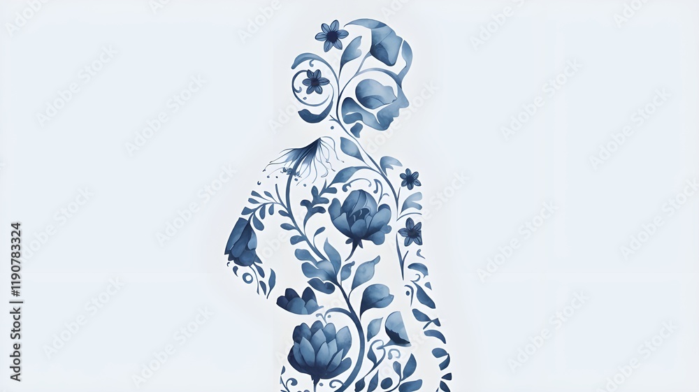 Obraz premium a woman silhouette with blue flowers, artistic display of flowers in woman body shape 