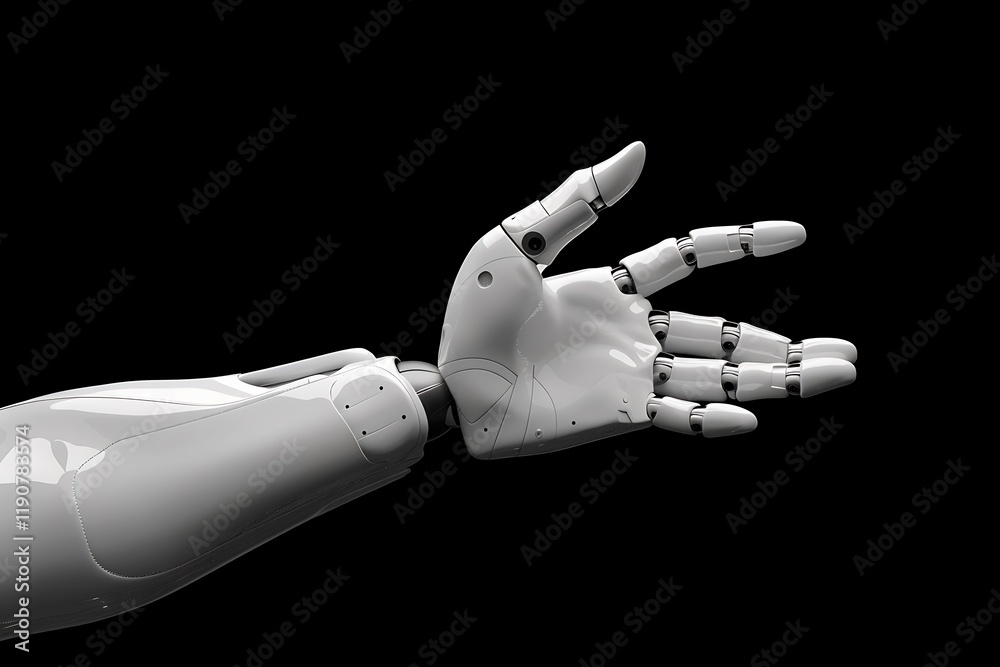 Robotic Hand with Articulated Fingers Against Black Background Robotic Hand with Articulated Fingers Against Black Background