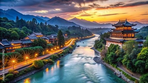 Dujiangyan Irrigation System Panorama at Dusk – Ancient Sichuan China Landscape photo