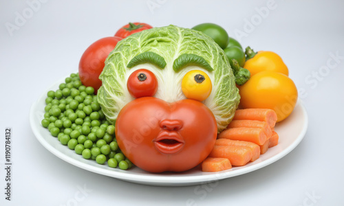 cabbage tomato peppers carrot peas forming a colorful and creative face on a pristine plate, with cabbage for eyes, tomato for lips, and peppers