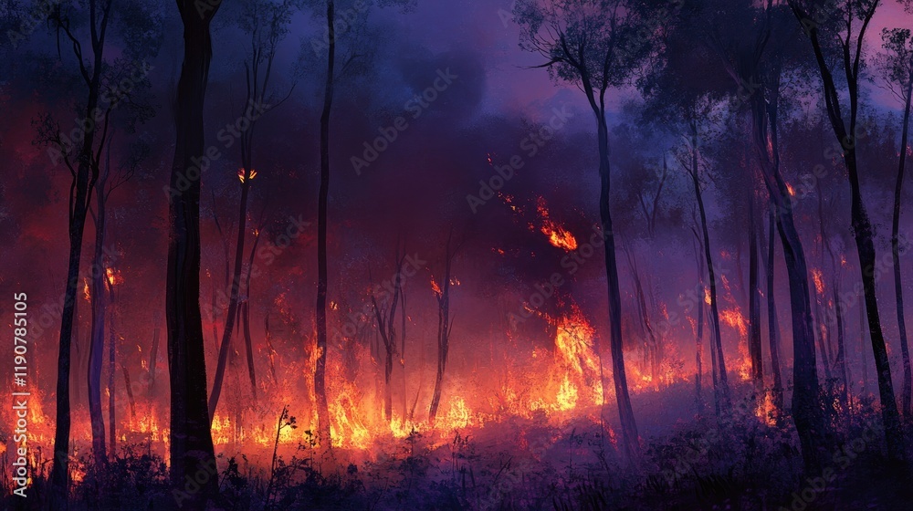 Wildfire consuming a forest at dusk Wildfire consuming a forest at dusk