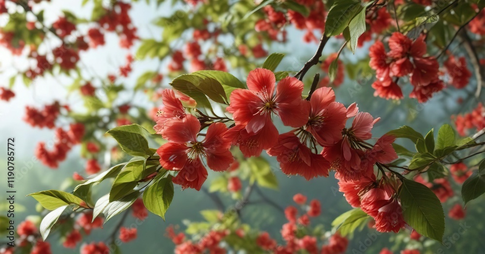 Close-up of wild himalayan cherry isolate, vibrant red flower, green leaves, floral background, spring, blossom, nature, seasonal Close-up of wild himalayan cherry isolate, vibrant red flower, green leaves, floral background, spring, blossom, nature, seasonal