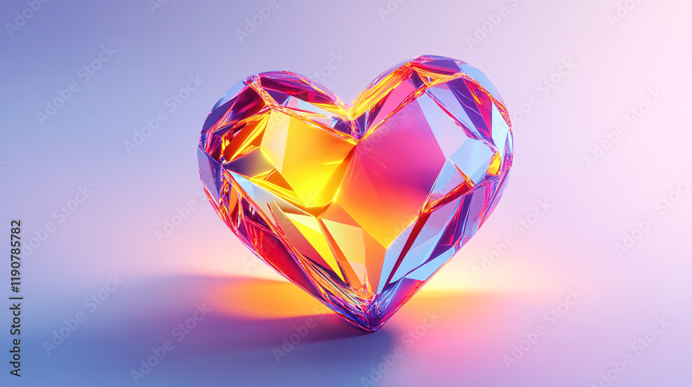 A modern, artistic 3D heart made of colorful geometric forms, emitting a soft glowing light on a clean white background A modern, artistic 3D heart made of colorful geometric forms, emitting a soft glowing light on a clean white background