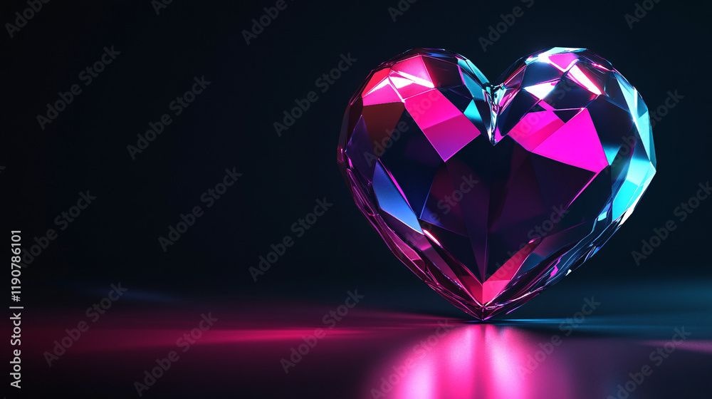 A vibrant 3D geometric heart glowing in a mix of neon pink, blue, and purple, set against a black background A vibrant 3D geometric heart glowing in a mix of neon pink, blue, and purple, set against a black background