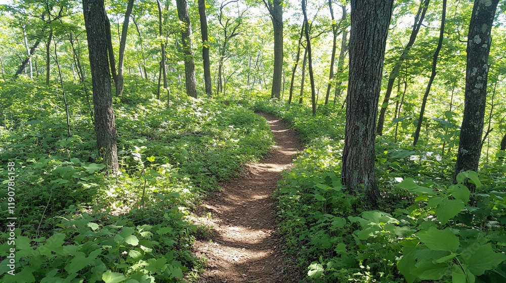 Obraz premium Serene Forest Trail Winding Path Lush Greenery Sunlight