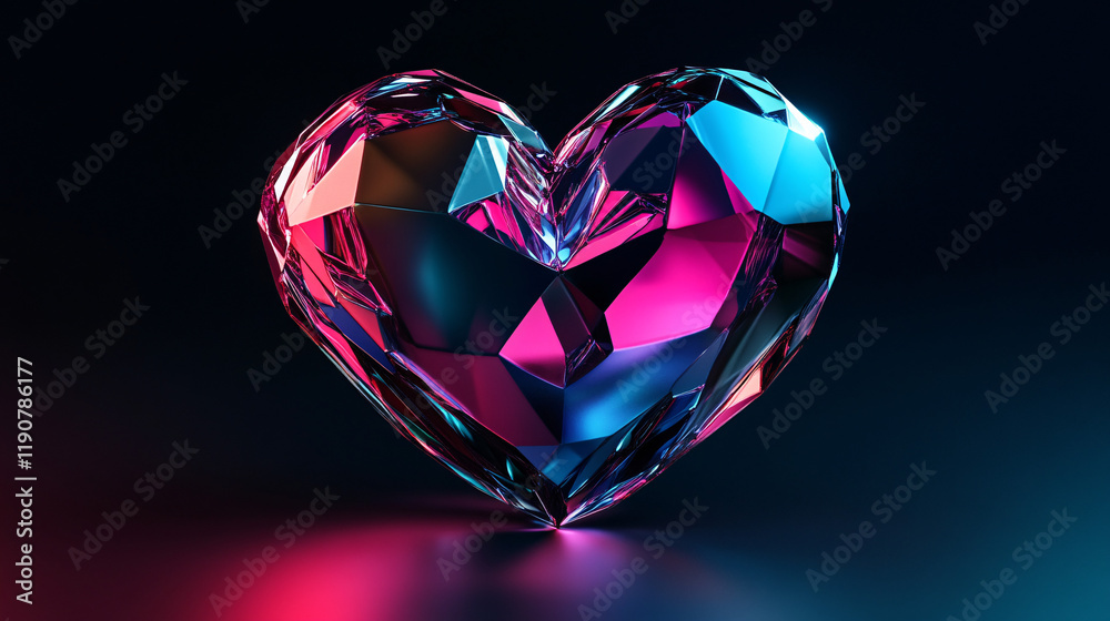 A vibrant 3D geometric heart glowing in a mix of neon pink, blue, and purple, set against a black background A vibrant 3D geometric heart glowing in a mix of neon pink, blue, and purple, set against a black background