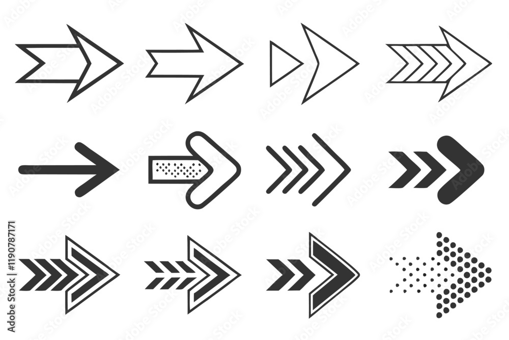 Black and white arrow icons, directional symbols, minimalist graphic design, vector illustrations, various arrow shapes, curved arrows, straight arrows, dotted arrows, bold arrows, thin arrows, circul Black and white arrow icons, directional symbols, minimalist graphic design, vector illustrations, various arrow shapes, curved arrows, straight arrows, dotted arrows, bold arrows, thin arrows, circul