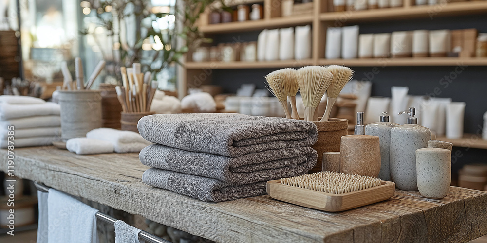 Cozy spa set featuring folded beige towels, a wooden brush, and natural bath products arranged on a rustic wooden table. Soft lighting enhances the serene and relaxing atmosphere. Cozy spa set featuring folded beige towels, a wooden brush, and natural bath products arranged on a rustic wooden table. Soft lighting enhances the serene and relaxing atmosphere.