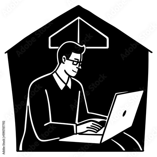 Silhouetted Man Reviews Documents on Laptop at Home for Remote Work   