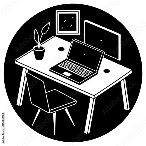 Modern and Minimalist Remote Work Setup with Desk and Silhouette      