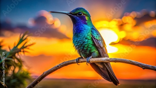 Sparkling Violetear Hummingbird Silhouette at Sunset -  Nature Wildlife Photography photo