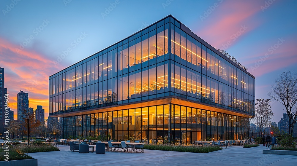 Obraz premium Open-plan office with desks, chairs, and large windows providing city views, featuring a gray color scheme and light wood desktops