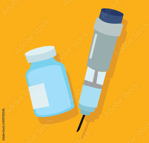Ampoule and syringe with medicament. Vaccination concept. Injection syringe needles. Medical equipment. Healthcare,