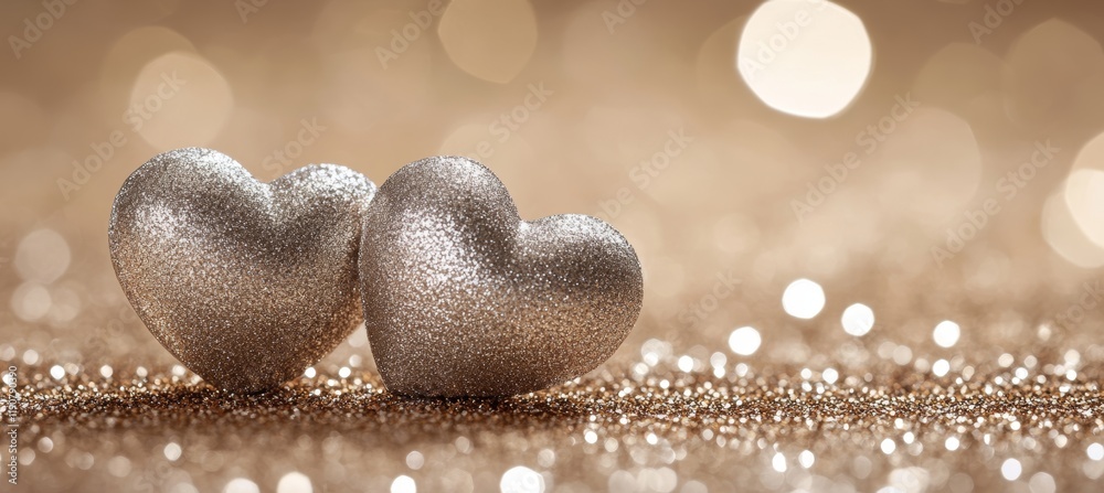 Naklejka premium Sparkling Romance Silver Hearts Glisten on a Dreamy Background, Perfect for Valentine s Day