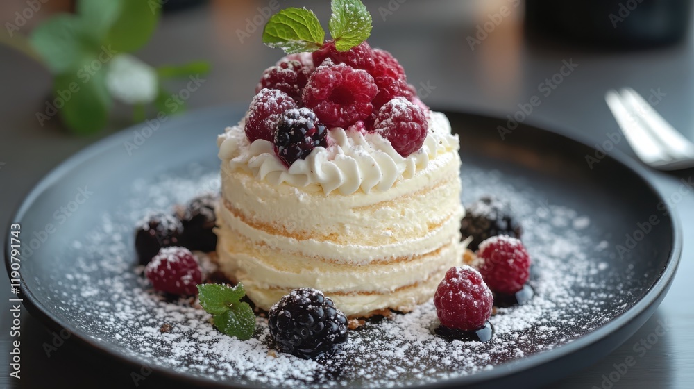 Modern minimalistic dessert on plate on background. Raspberries and other berries. Generative AI. Modern minimalistic dessert on plate on background. Raspberries and other berries. Generative AI.
